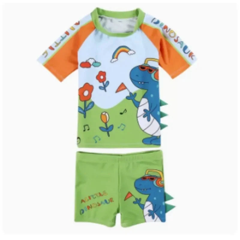 Kids Boy Swimsuit Letter Dinosaur Print Two-Piece Suits 3PCS Cartoon Children Board Shorts Children Boys Swimwear Surfing Suit
