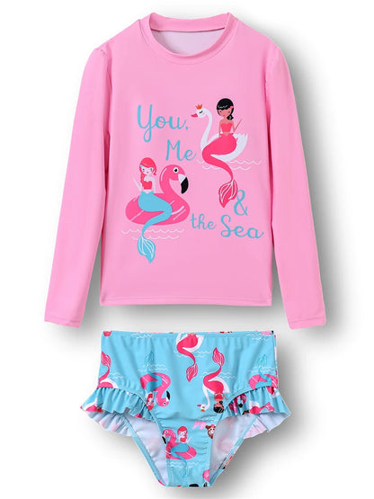 Kids Swimsuit Girls Cartoon Flamingo Long Sleeve Children Swimwear Summer 2 Piece High Waist Ruffle Beach Bathing Suits