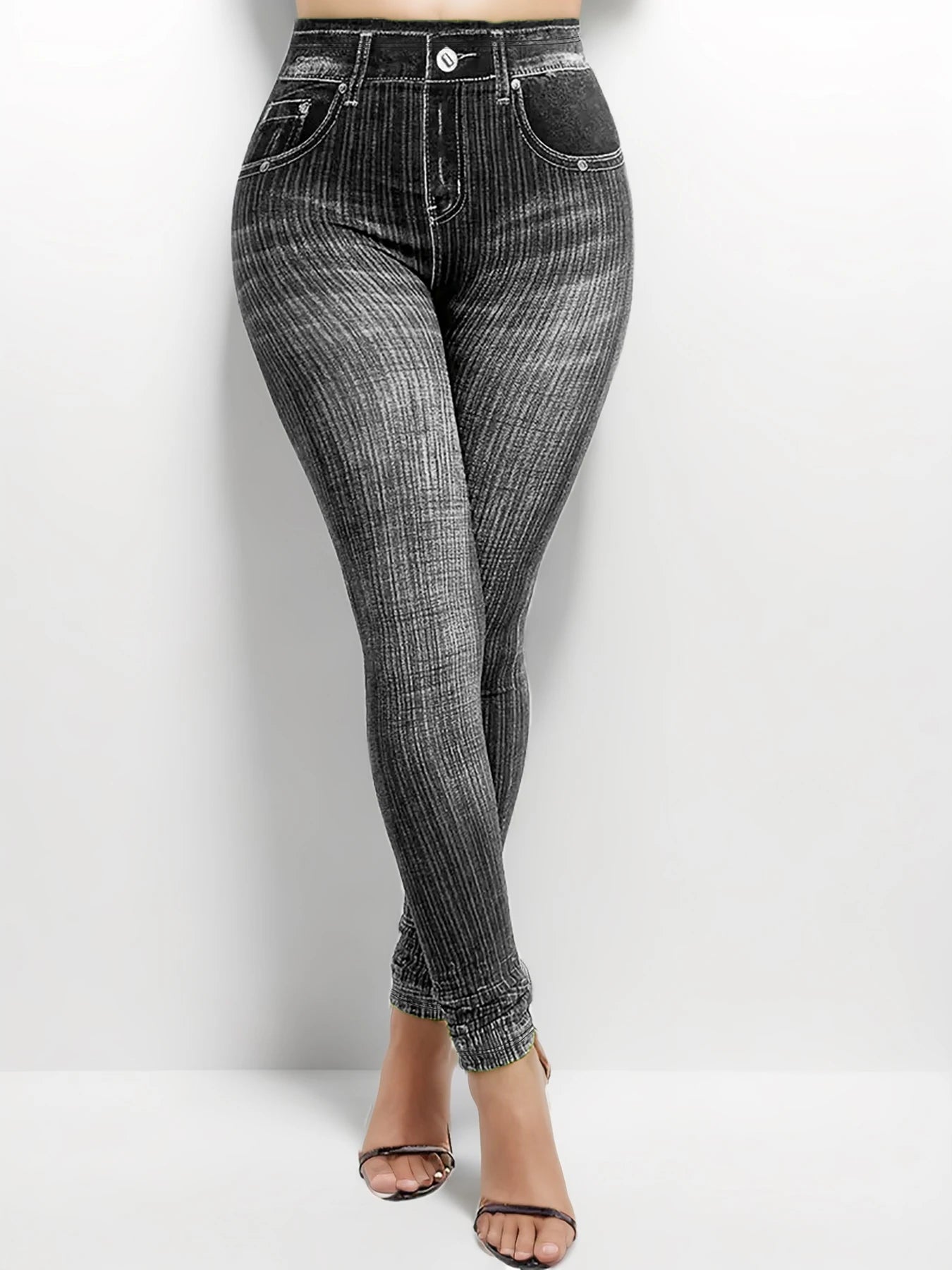 Plus size women's leggings with denim print and line pattern, showcasing a fashion-forward and casual high-stretch knitted pants