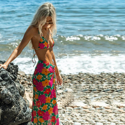 Print 3 Pieces Micro Bikini  Women Swimsuit Female Swimwear Bikini Set With Long Skirt Swimming Suit Beachwear Biquini