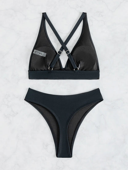Solid V Neck Push Up Bikini Set High Cut Straps Corss Swimsuit For Women Swimwear 2 Piece Backless Bathing Suit
