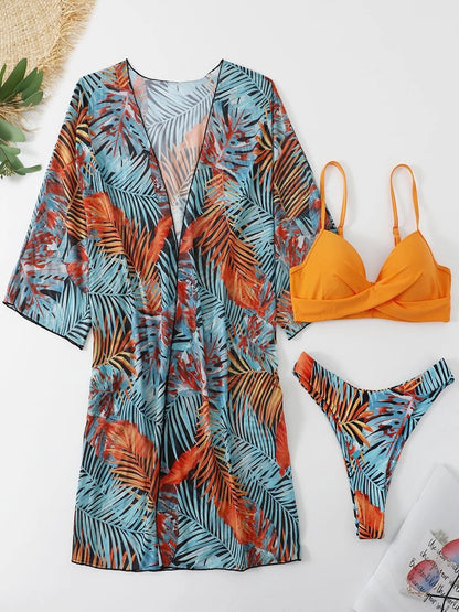 3 Pieces High Waist Bikini With Long Sleeve Kimono Swimsuit Women Print Swimwear Female Bathing Swimming Beach Suit Summer