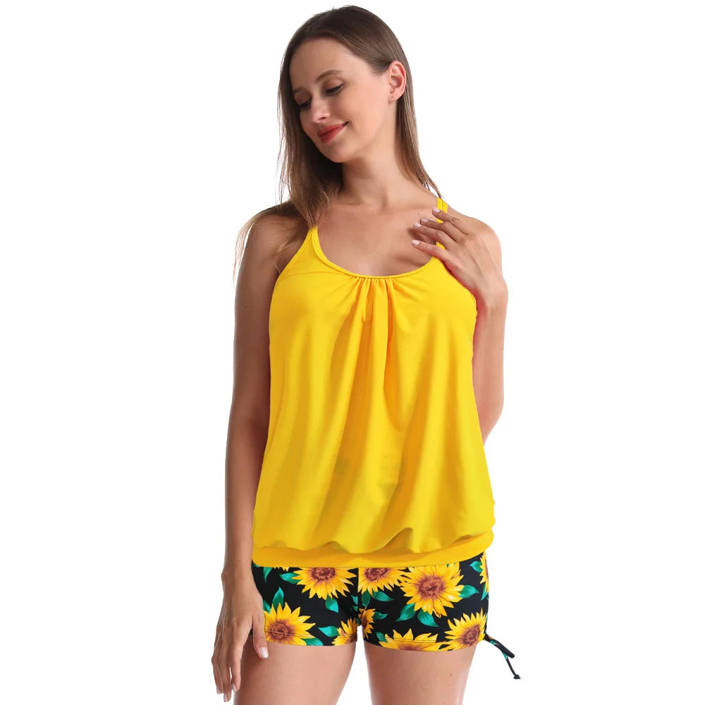 Swimwear Women Tankinis Wireless Tummy-Covering Cross Back Boxer Bottom Two-Piece Split Swimsuit for Beach Bathing Plus Size XXL