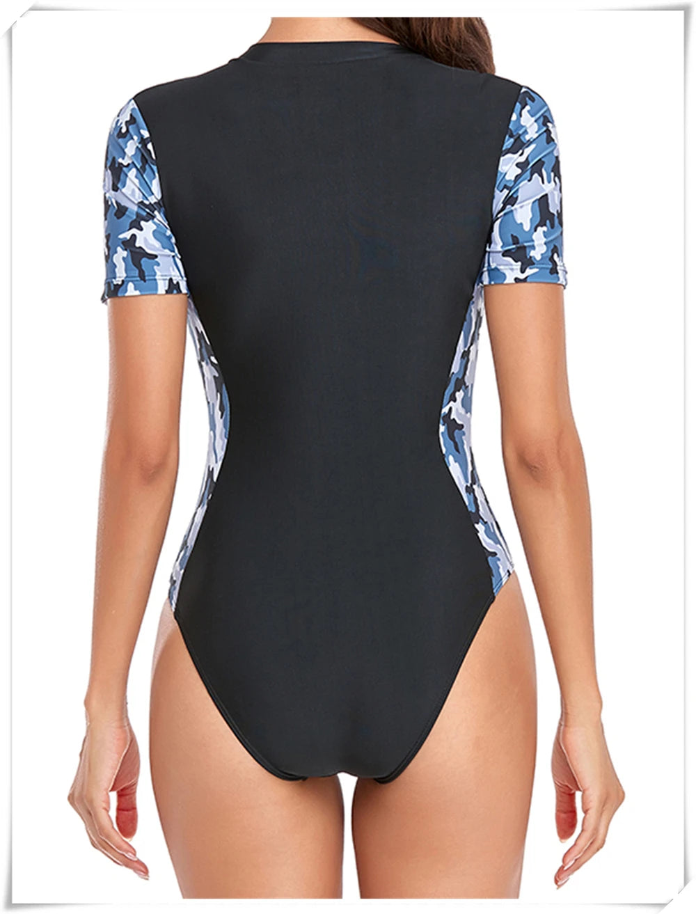 Short Sleeve Zipper One Piece Swimsuit Zebra Print Swimwear Women Diving Clothes Surfing Beachwear Bathing Swimming Suit