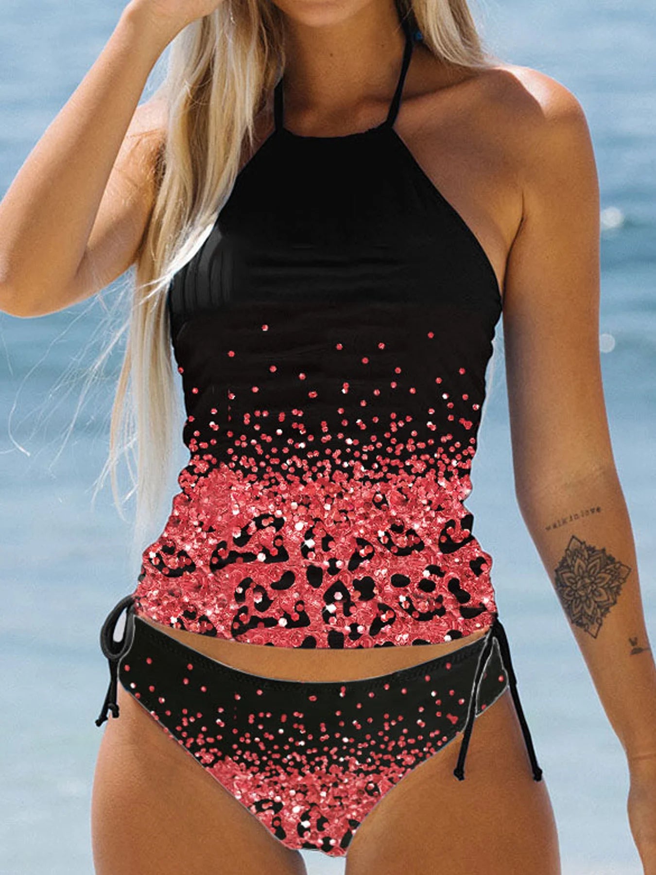 Print Push Up Tankini Low Waist Halter Tied Women For Swimsuit 2 Piece Backless Beach Swimwear Bathing Suit