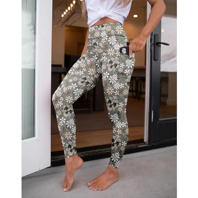 High Waist Women's Fitness Leggings 3D Digital Print Sexy Pocket Elastic Pants Fashionable Gym Trousers