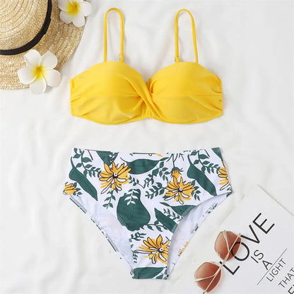 Women Bikini Set Solid Color Underwire Padded Push-Up Split Bikini Bra Print High Waist Bottoms Swimsuit Women Bathing Suit