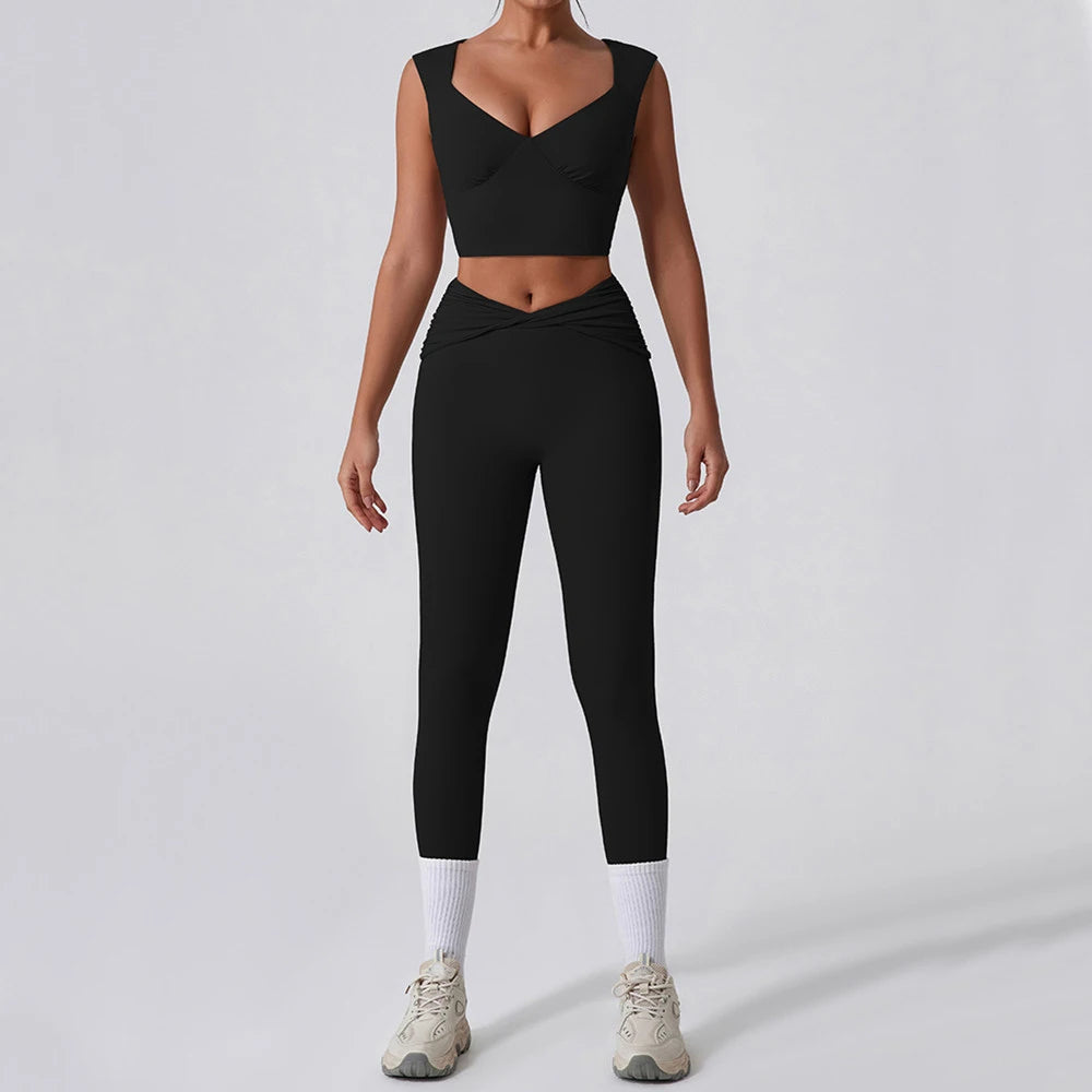 2PCS Women Yoga Set Workout Pant Outfits Fitness Sportswear Gym High Waist Flare Leggings Sports Bra Athletic Tracksuit