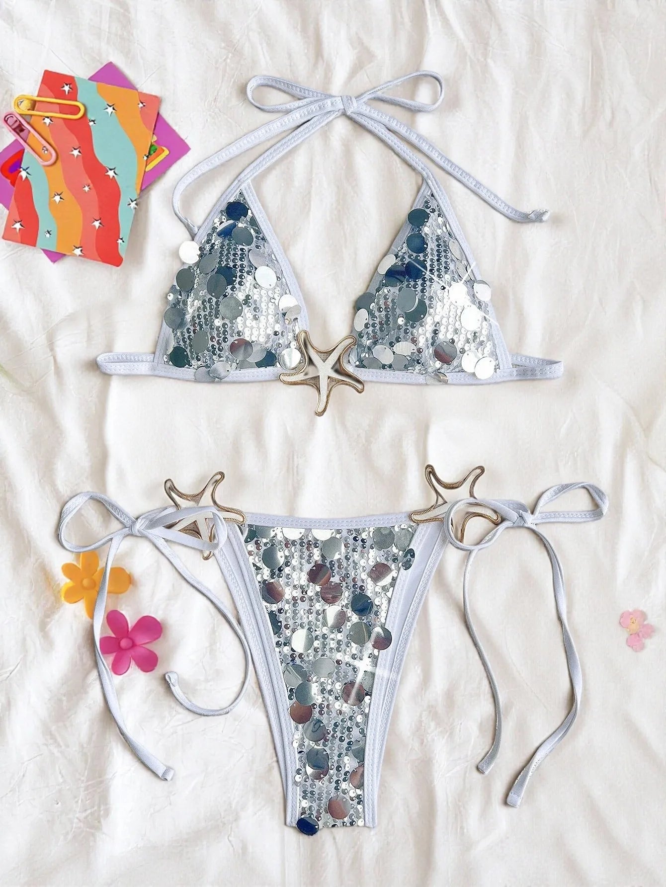 Shiny Sequin Black Micro Bikini Women Starfish Push Up Bra Holiday Swimsuit Beach Bathing Suit Tie Side Thong Swimwear