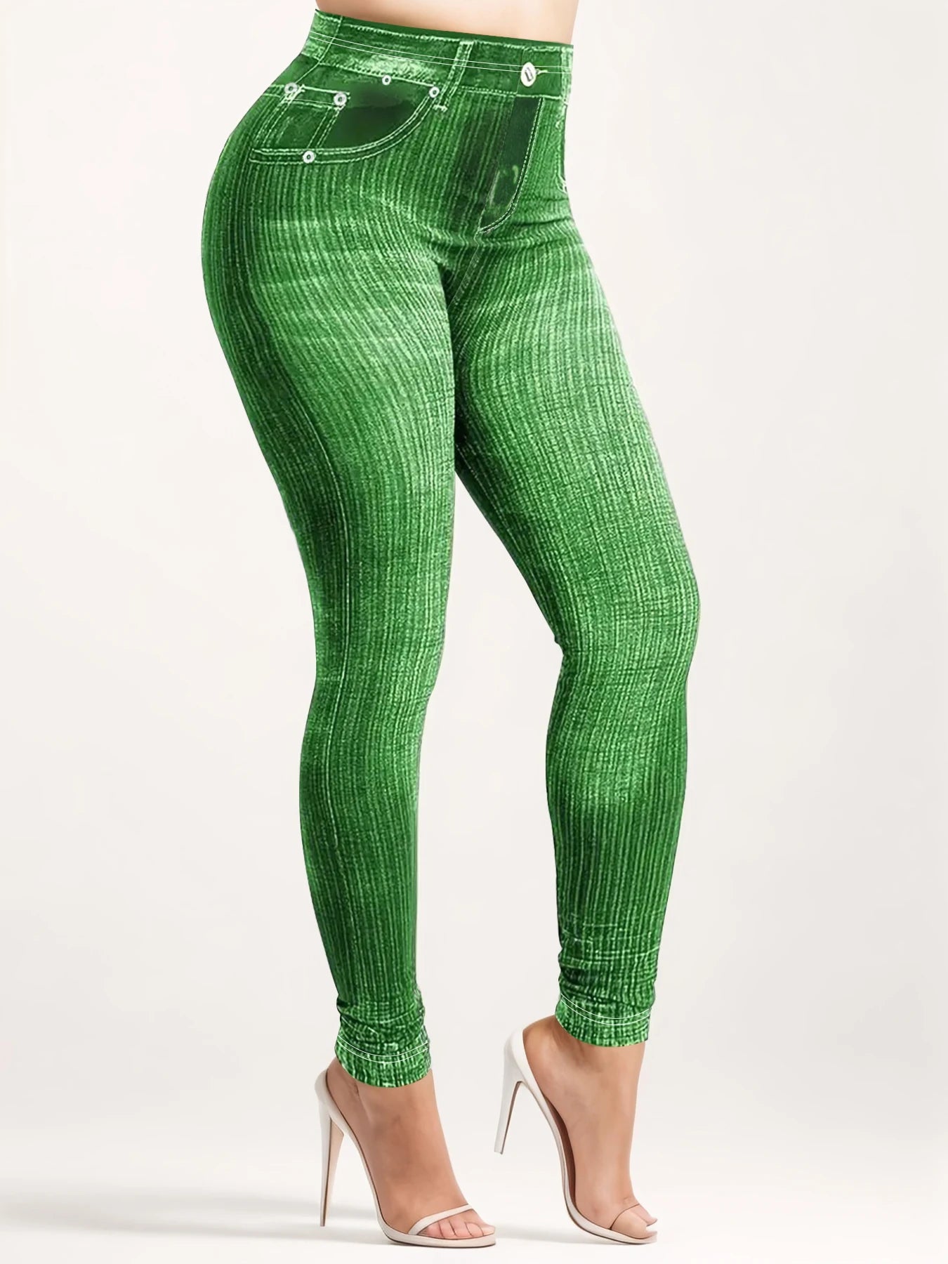 Plus Size Faux Denim Leggings with Chic Line Pattern Trendy High-Stretch Knit Pants Fashionable & Comfortable