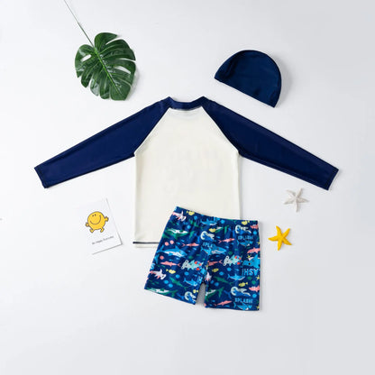 Children's Quick-Drying Swimsuit with Swim Cap, Boy's Long Sleeve Sunscreen Split Swimwear, Sun Protection Beach Clothes