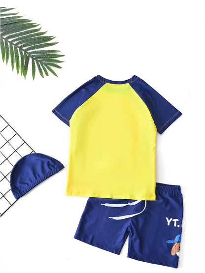 Children's Swimming Suit Teenage Boys' Swimsuits with Cap Cartoon Dog Sun Protection Short Sleeved Sports Swimwear Kids