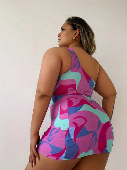 Print 2 Piece Pink Swirl Design Plus Size Swimwear Women One-shoulder Large One Piece Swimsuit Brazilian Bathing Suit