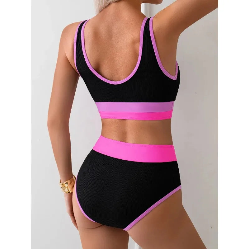 Vintage Patchwork Design Push Up Bikini Women Split Backless High Waist Swimsuit 2 Piece Summer Beach Pool Bathing Suit