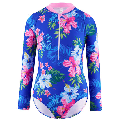 One-Piece Swimwear Girl Swimming Suit Kids Long Sleeve All-Over Plants Floral Print Blue Swimsuit Beach Pool Play Water Top