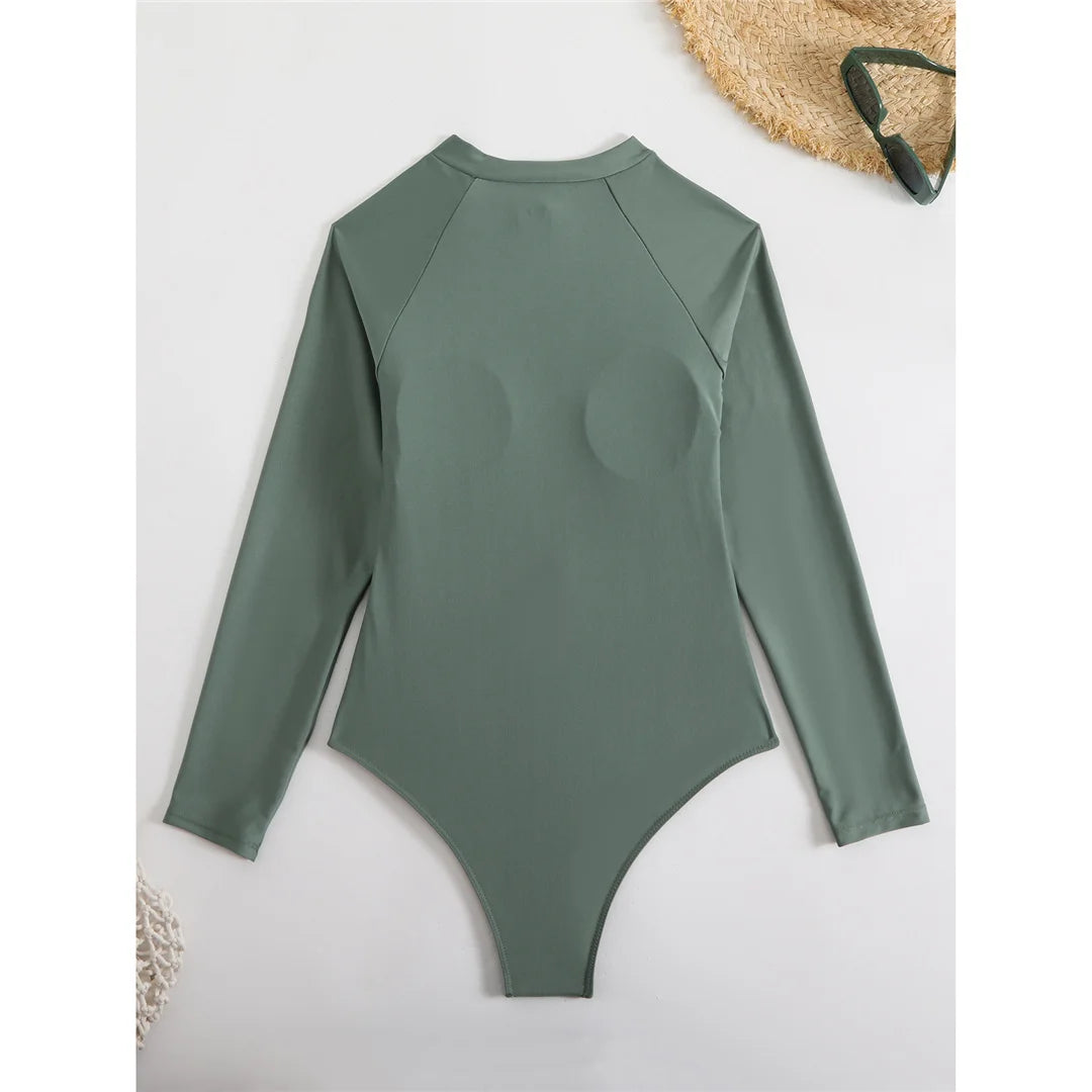 High Cut Printed Long Sleeve Zipper Surf Rash Guard One Piece Swimsuit Women Swimwear Female Bather Bathing Suit Swim
