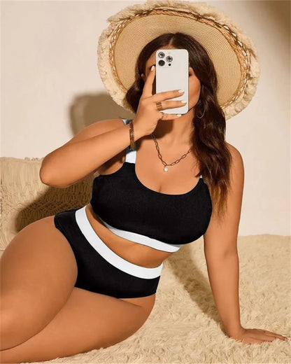 Solid Patchwork Two Pie Plus Size Bikini Women High Waist Large Swimsuit Lady Swimwear Beach Curvy Bathing Suit