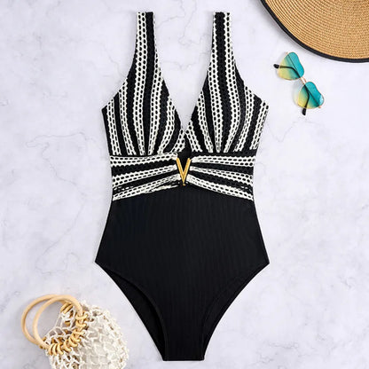 Striped One-Piece Swimsuits Closed Women Swimwear Push Up Swimming Wear Body Bathing Suits Beachwear Pool Bather