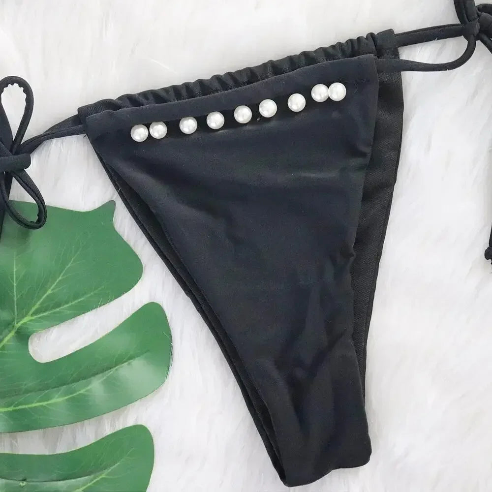 Bikini Black Halter Pearl Decor Swimwear Swimsuit Women Bikinis Set Bathing Suit Beach Bikini Female Biquinis Feminino