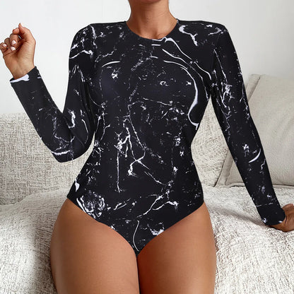 Floral One Piece Swimsuit Long Sleeve Zipper Swimwear Women Bathing Suit Beachwear Monokini Female Swim Surfing Suits