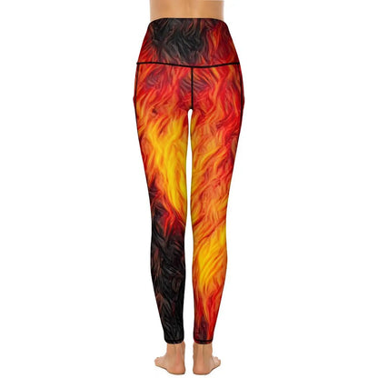 Red Fire Yoga Pants Pockets Abstract Print Leggings Push Up Kawaii Yoga Sports Tights Quick-Dry Workout Gym Leggins