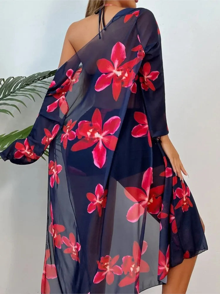 Bikini Bodysuit Swimwear Women With Kimono Bathing Suit Summer Splice Print Beachwear Holiday Bikini Cover Ups Outfits