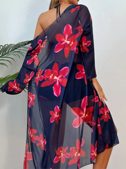 Bikini Bodysuit Swimwear Women With Kimono Bathing Suit Summer Splice Print Beachwear Holiday Bikini Cover Ups Outfits