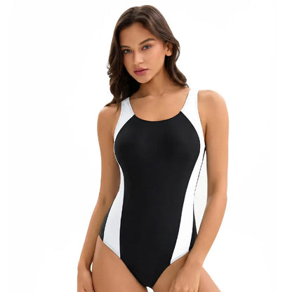 Women Color Block One Piece Swimsuit Sleeveless Tight Sports Triangle Swimwear Bathers Pool