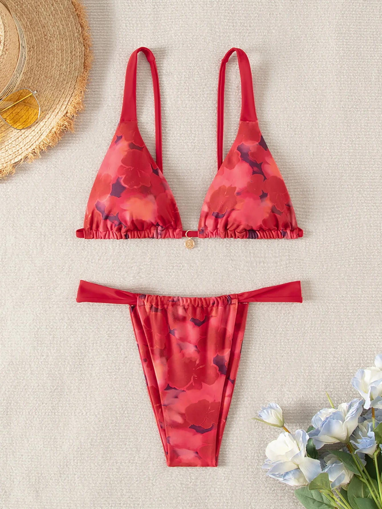 Triangle Bikini Set - Floral Print Push Up Swimsuit & Brazilian Bottoms