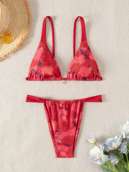 Triangle Bikini Set - Floral Print Push Up Swimsuit & Brazilian Bottoms