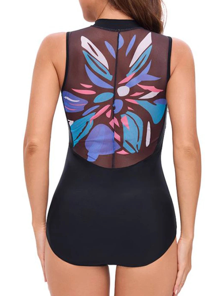 Zipper One Piece Swimsuit Women Slim Swimwear Floral Bathers Bathing Swimming Swim Suit Female Summer Beachwear XXL