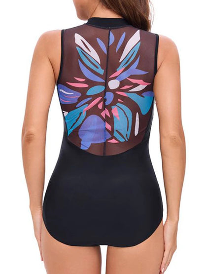 Zipper One Piece Swimsuit Women Slim Swimwear Floral Bathers Bathing Swimming Swim Suit Female Summer Beachwear XXL