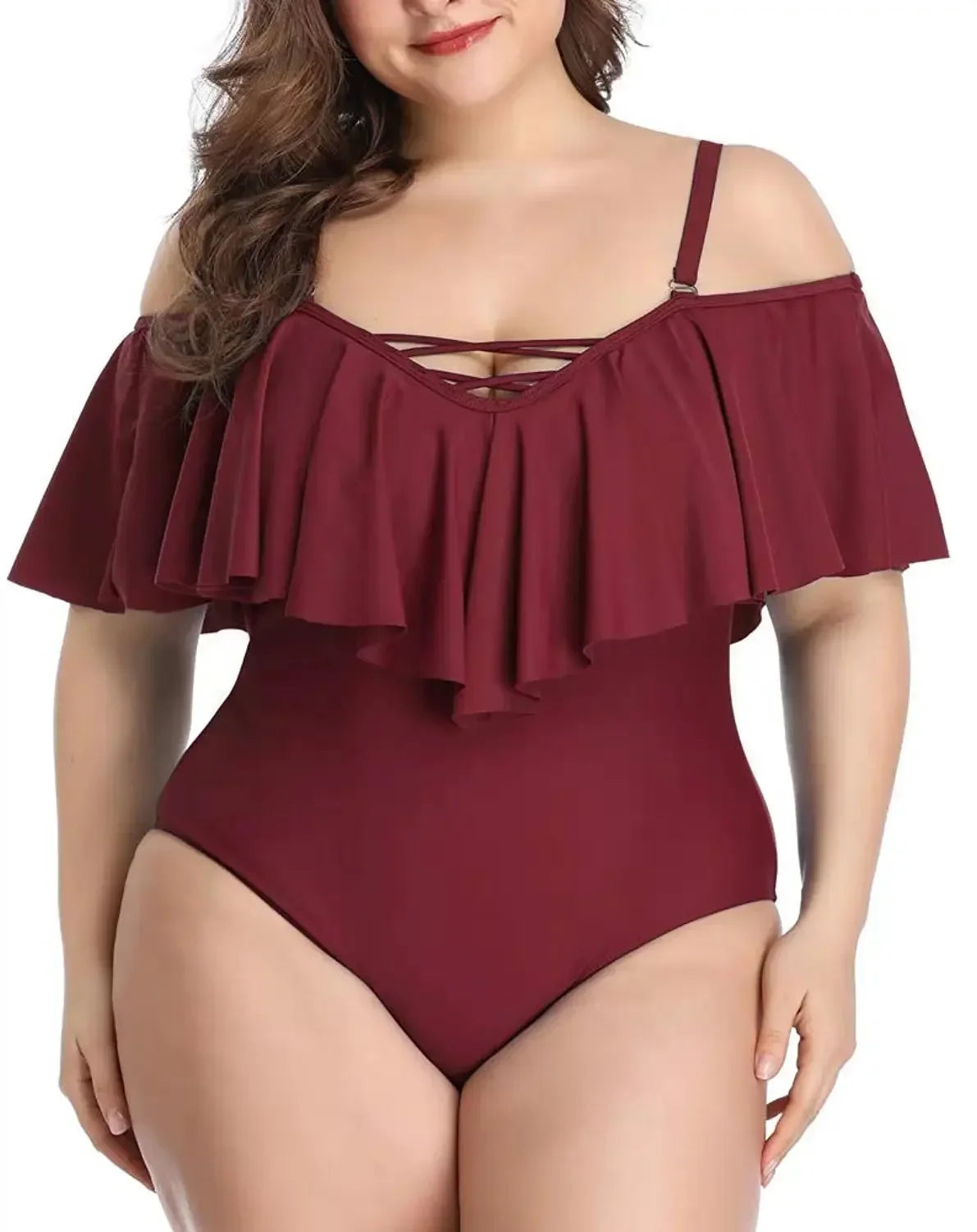 Solid color Ruffle Top Swimsuit Women Plus Size Swimsuit One Piece Swimwear Swimming