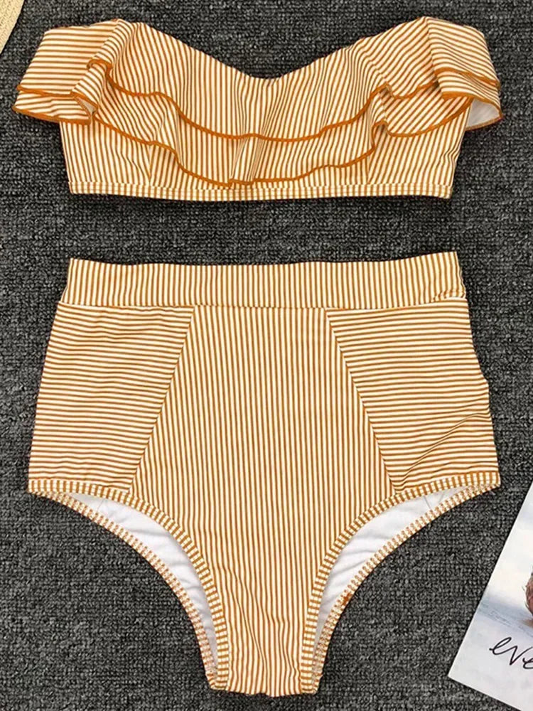 Striped Top Ruffle High Waist Bikini Women Swimwear Female Swimsuit Two-pieces Bikini set Bandeau Bikinis Bathing Suit Swim