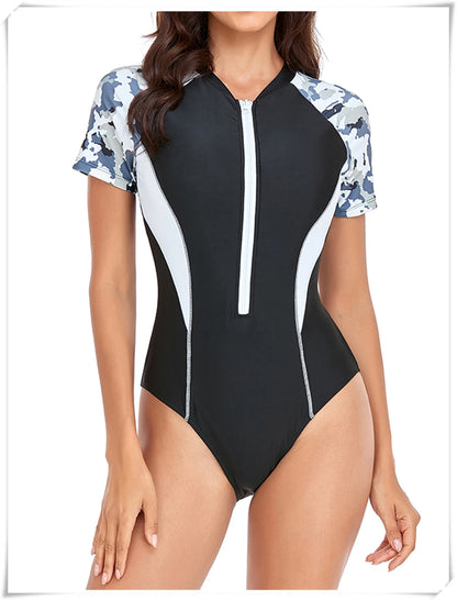Short Sleeve Zipper One Piece Swimsuit Zebra Print Swimwear Women Diving Clothes Surfing Beachwear Bathing Swimming Suit