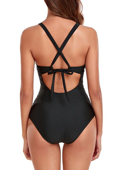 Vintage Style Swimsuit Women One Piece V Neck Black Swimwear Female Backless Beachwear Bathers Bathing Swimming Swim Suit