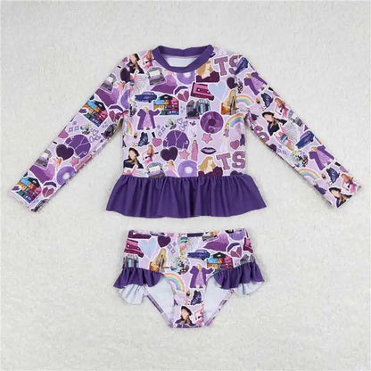 Fashion Baby Girls Swimwear Set Rash Guard Long Sleeve Bathers Kids