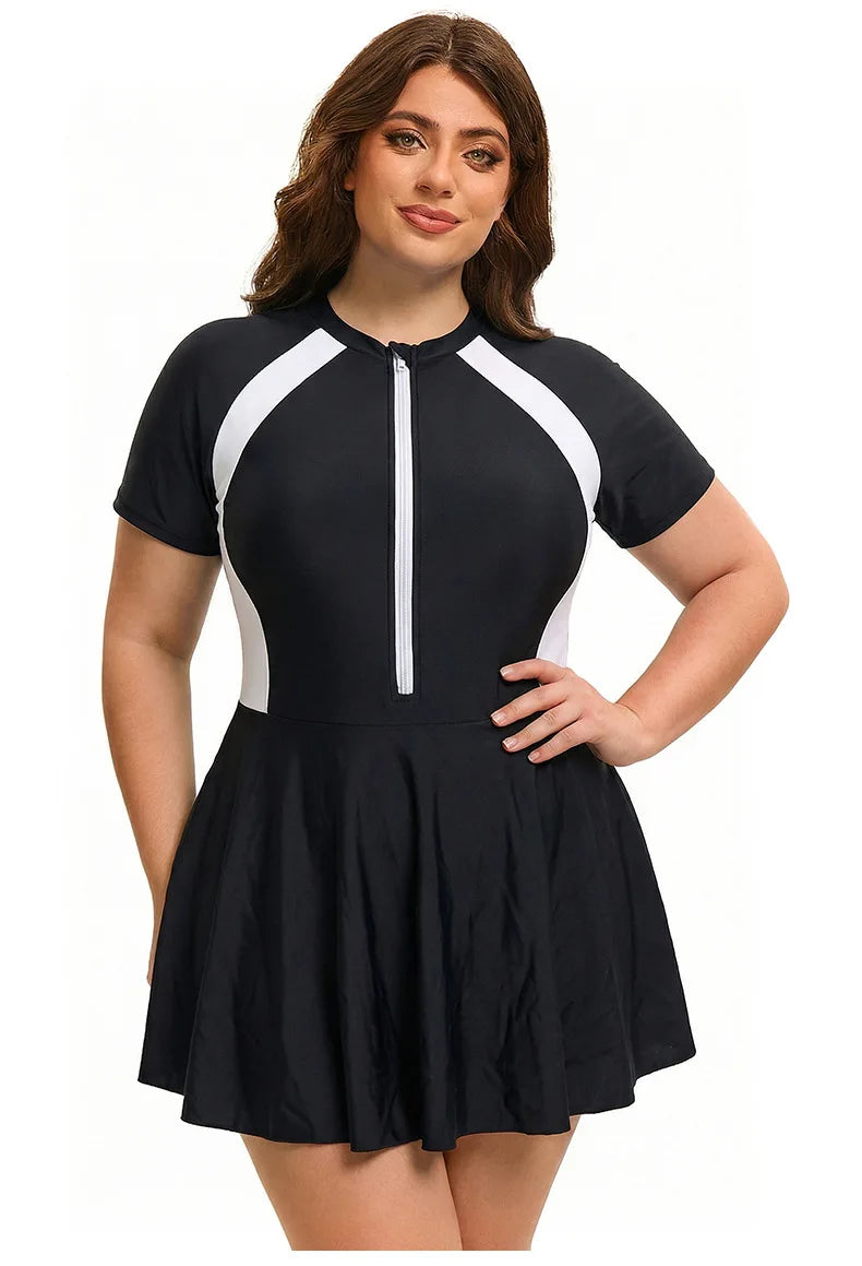 Women's Plus Size Color block Swimwear One Piece Swimsuit Full Zip Short Sleeve Rash Guard UPF 50+ Beach Bathing Suit Beachwear