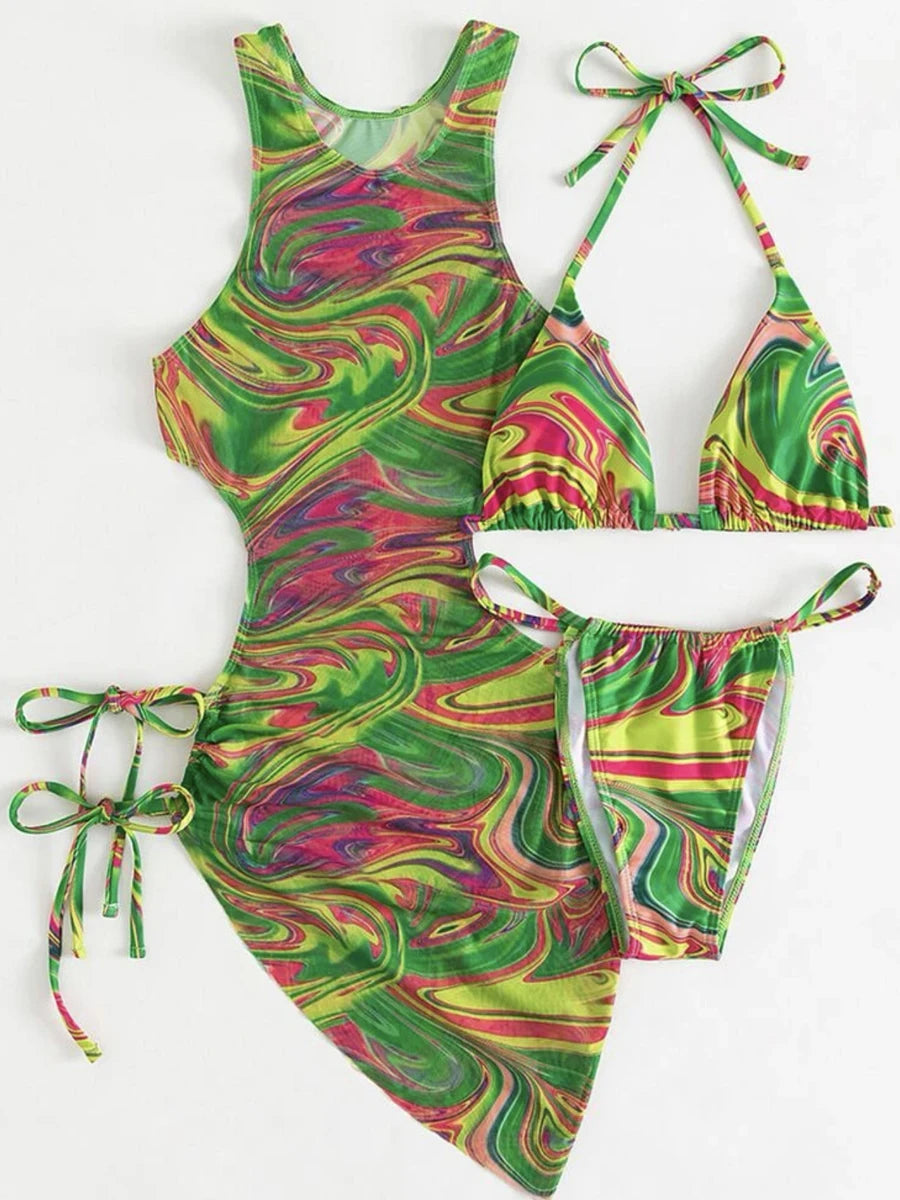 3 Piece Print Halter Triangle Bikini Sets Women Cover Up Swimwear Summer Swimsuit Female Bathing Swimming Suit Beachwear