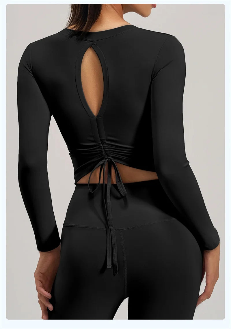 Women's Long-Sleeve Cut-Out Back Yoga Crop Top with Built-In Bra