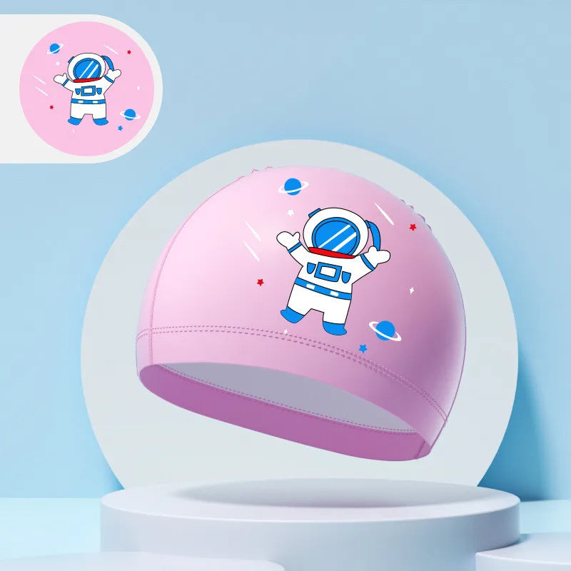 Children's Swimming Caps Boys Girls Kids Cartoon Swim Hat High Elastic Ear Protection PU Waterproof Swimming Cap