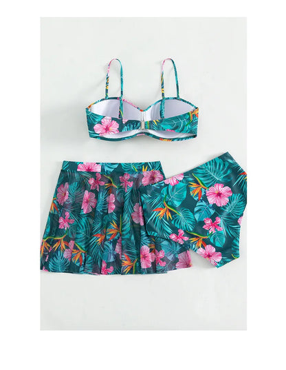 Cikini-Women's Tropical Print Push Up Bikinis Set, Swimsuit with Beach Skirt, Swimwear, Summer Bathing Suit