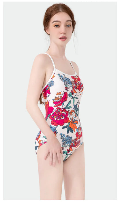 Women Vintage Racing One-piece Swimwear Sun Protection Professional Competition Flower Printed Swimsuit Training Bikini