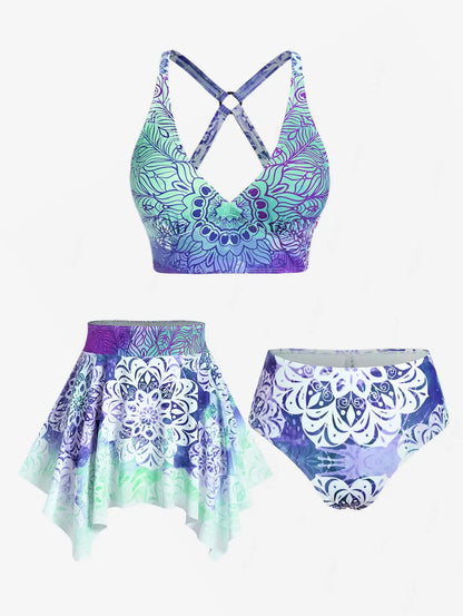 Plus Size Women's Three-Piece Padded Tankini Swimsuit Stripe Colo block Bikinis Set, Or Purple Ethnic Printed Swimwear