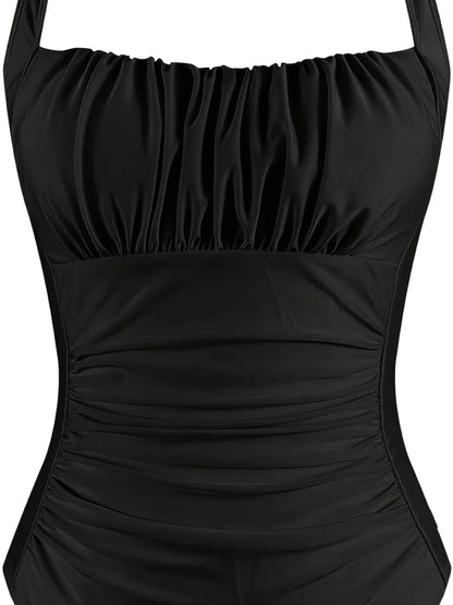 Black Strappy One Piece Swimsuit Women Pleated Swimwear Female Monokini Bathers Bathing Swimming Suit Padded Beachwear