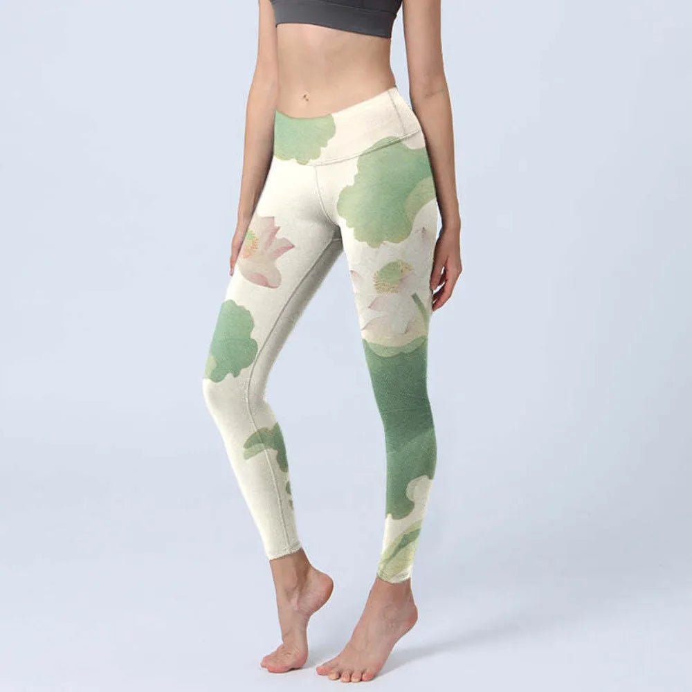 High Waisted Yoga Pants Leggings for Women Bamboo Print Workout Tights Non-See Through Gym Fitness Running Athletic Wear