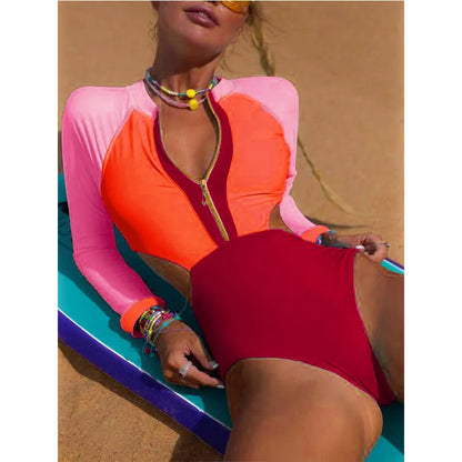 Patchwork One-Piece Swimsuit Long Sleeve Swimwear Sports Backless Women's Swimming Bathing Suit Beach Wear Bather Surfing