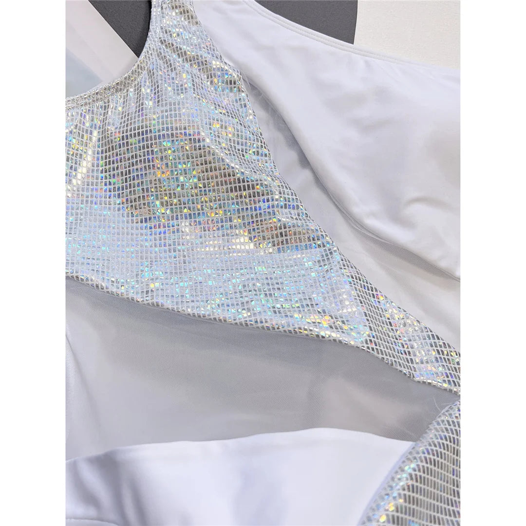 Splicing One Shoulder Shiny Sequins One Piece Swimsuit Women Swimwear Female Mesh Sheer High Cut Bather Bathing Suit Swim