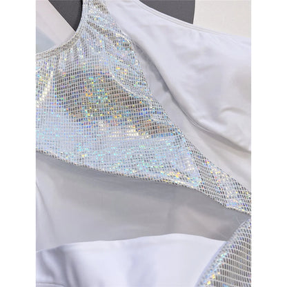 Splicing One Shoulder Shiny Sequins One Piece Swimsuit Women Swimwear Female Mesh Sheer High Cut Bather Bathing Suit Swim