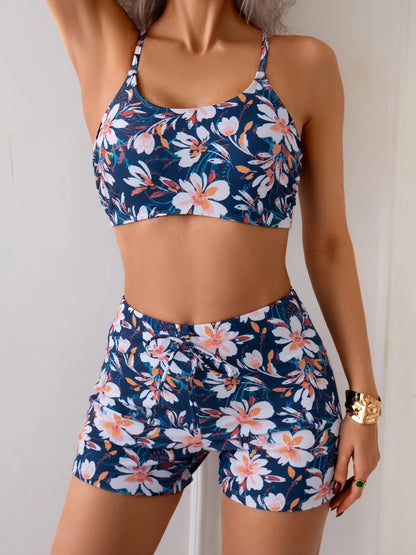 Strappy Floral Printed Bikini High Waist Swimsuit Women Shorts Swimwear Female Bathers Bathing Swimming Suit Beachwear